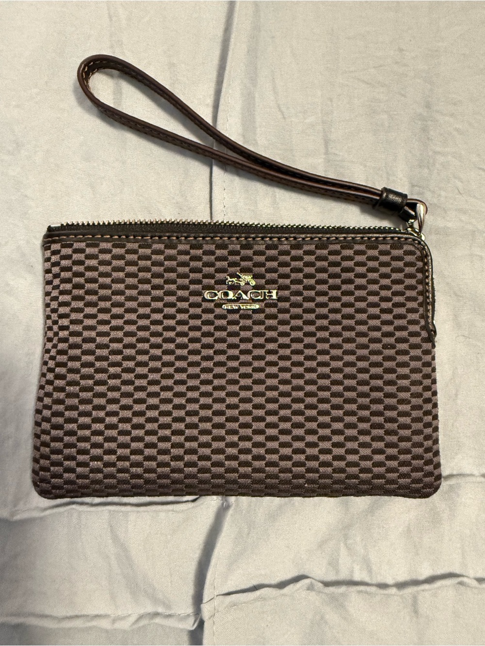 COACH Brown Checker Wristlet with Gold Logo